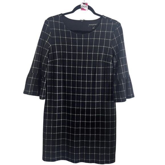 Banana Republic Mini Dress 4 Black Plaid Bell Sleeve - Picture 1 of 3